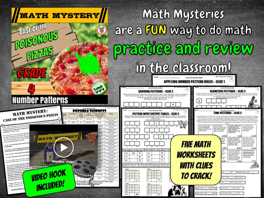 Number Patterns Math Mystery - Case of the Poisonous Pizzas – 4th Grade