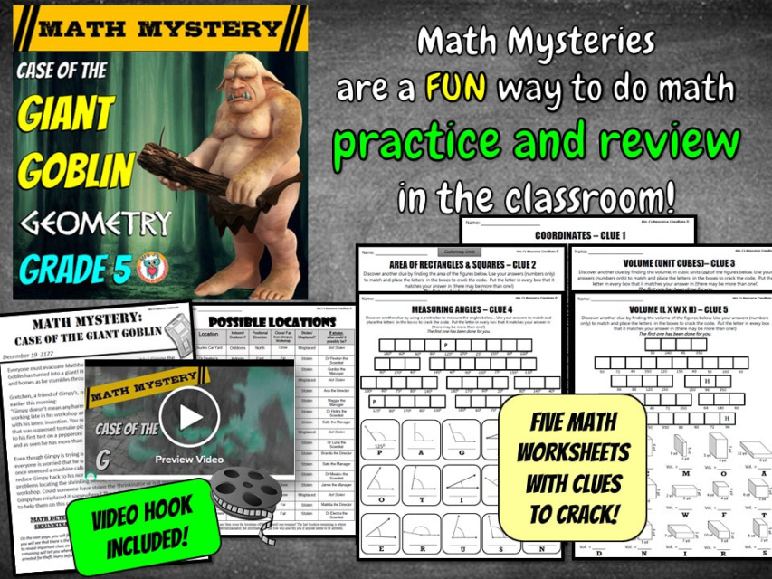 Geometry Review Math Mystery Case Of The Giant Goblin 5th Grade Math Worksheets