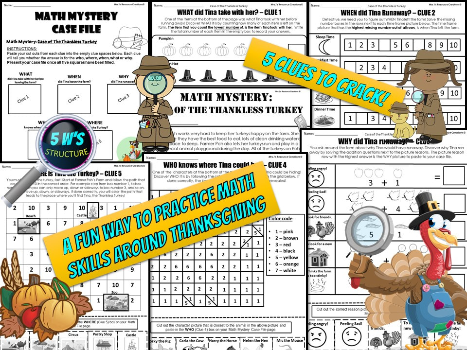 Thanksgiving Math Mystery Activity Kindergarten Worksheets Edition